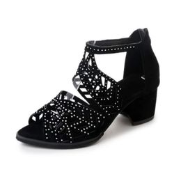 Style Women Summer Rhinestone Hollow Out Faux Leather Thick Heel Zipper Sandals Shoes Sexy Plus Size Ladies Sandals 240329