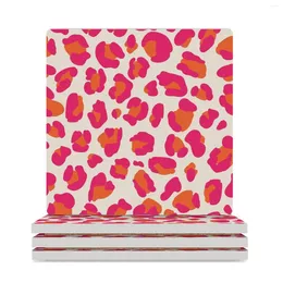 Table Mats Pink And Orange Leopard Print Ceramic Coasters (Square) Cute Kitchen Black Cup Pads For Drinks Aesthetic