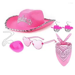 Berets Pink Cowboy Hat Rhinestones Earring Sunglasses Neckace Set Gift For Cowgirl Scarf Carnivals Music Festival