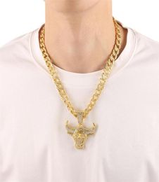 Pendant Necklaces Fashion Cuba Men Hip Hop Full Rhinestone Bull Head Necklace Sparkling Out Gold Punk For Boyfriend Gift3734468