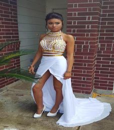 Women Two Piece Outfits Asymmetrical Prom Dresses High Neck Gold Beads White Chiffon Slit Sweep Train Party Dress Vestidos8685955