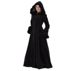 Women039s Wool Blends Women Autumn Winter Vintage Coat Steampunk Floor Length Hooded Mediaeval Warm Fur Trim Maxi Gothic Witch3528130