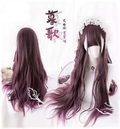 68cm Daily Gothic Harajuku Kawaii Cute Purple Gradient Lolita Curly Long Synthetic Hair Cosplay Costume Wig Wig Cap1335428