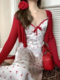 Casual Dresses 2024 Sweet Sexy 2 Piece Dress Set Wonan Red Short Cardigan Print Sleeveless Midi Party Korean Fashion Suit Female