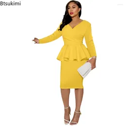 Casual Dresses 2024 Women's Sexy Formal Office Bodycon Dress With Long Sleeve V Neck Ladies Club Party Mini Ruffles Design Vestidos
