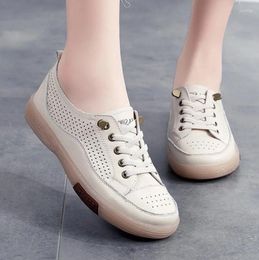 Casual Shoes Women Flat Summer Breathable Cutout Ladies Soft Bottom Genuine Leather Flats White Woman