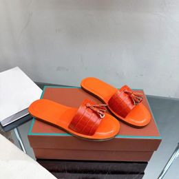 Slippers Size 35-41 Est Summer Shoes For Women Crocodile-print Leather Flat Fringe Slides Metal Decoration Designer