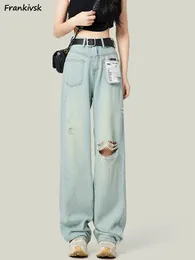 Women's Jeans Patchwork Women Hole Asymmetrical Denim Washed Vintage Bleached European Style Retro Loose Wide Leg High Waist Trousers