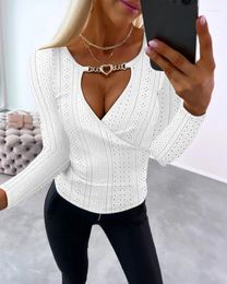 Women's T Shirts 2024 Autumn Spring Sexy Elegant Eyelet Embroidery Chain Decor Top Fashion Casual T-Shirt Pullover Tops Female Clothing