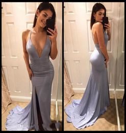 2020 Simple Silver Mermaid Prom Dresses Sexy High Side Split V Neck Backless Floor Length Backless Formal Party Gowns Evening Dres5903579
