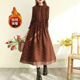 Casual Dresses Women Vintage Plush Fleece Warm A-line Dress Long Sleeve Literary Lace Fashion Elegant Clothes Winter Autumn