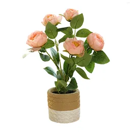 Decorative Flowers 5 Heads Tabletop Wedding Rose Plant Bouquet Office Simulation Realistic Home Decor In Pot Fake Living Room Artificial