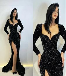 Unique Design Black Evening Dresses For Women 2021 Formal Wear Prom Gowns Dubai Arabic Long Sleeve High Split Sequins7914216