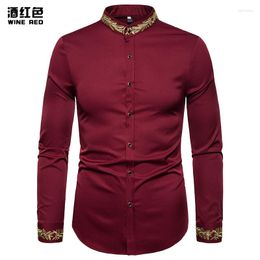 Men's Casual Shirts Gold Line Embroidery Stand Collar Shirt Long Sleeve Plus Size Bottoms Henry Waiter Drama Retro