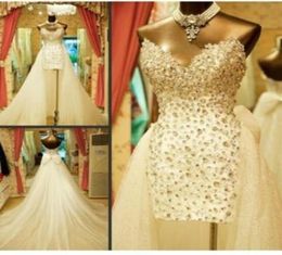 Sparkling Luxury Detachable Train Wedding Dresses Sweetheart Rhinestones Crystals Bow Sequins Tulle Bridal Gowns Custom Made2122956