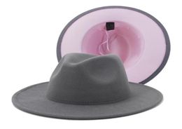 Unisex Outer Grey Inner Pink Patchwork Wool Felt Jazz Fedora Hats with Thin Belt Buckle Men Women Wide Brim Panama Trilby Cap229095788519