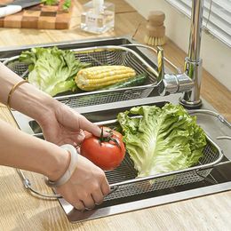 Kitchen Storage Stainless Steel Retractable Drain Basket Vegetable Washing Basin Household Living Room Fruit Bowl