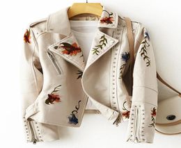 New Women Retro Floral Print Embroidery Faux Soft Leather Jacket Coat Turndown Collar Pu Moto Biker Black Punk Outerwear3515876