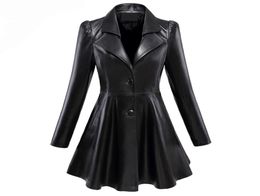 Women039s Leather Faux Leather Women s Jackets Nerazzurri Fit and flare faux leather coat notched lapel long sleeve puff Skirte1115454