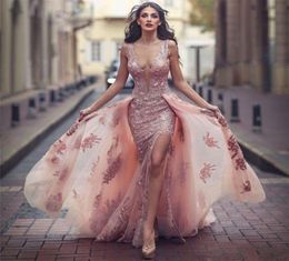 New V neck Amazing Pink Formal Dress Over skirt Front Appliques Slit Tulle Lace Evening Dress5224362