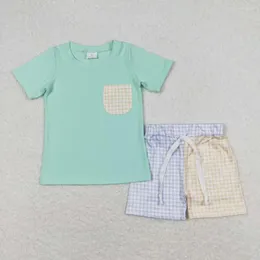 Clothing Sets Mint Green Cotton Soft Short Sleeved Purple-yellow Plaid Patchwork Shorts Baby Boy Set