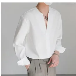 Men's Casual Shirts Fashion Men Shirt Solid Color Loose V Neck Long Sleeve Clothing Streetwear Korean Style S-3XL