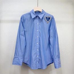 Women's Blouses 2024 Spring Fashion Striped Shirts High Quality Women Turn-down Collar Sweetheart Patterns Long Sleeve Casual Blue Shirt OL