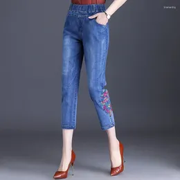 Women's Jeans Spring Summer Embroidery Ankle Length Capri Pants Elastic High Waist Stretch Denim Blue Mom W15