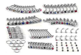 100pcs Set Punk Stainless Steel Crystal Tongue Belly Lip Eyebrow Nose Barbell Rings Body Piercing Jewellery 10 Styles Accessories7999413