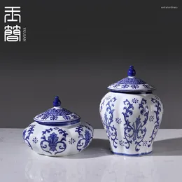 Vases Blue And White Pottery Storage Pot Tea Large Diameter Sealed Model Room El Porch Living Bo Gu Shelf Decoration