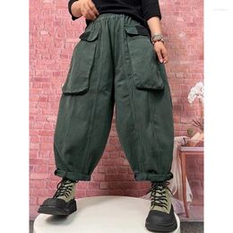 Women's Jeans 2024 Autumn Winter Arts Style Women Elastic Waist Thicken Cotton Denim Harem Pants Vintage Big Pocket Loose P279