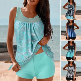 Women's Swimwear Summer Set Stylish Tankini With Padded O-neck Top Mid-rise Trunks Quick Drying Plus For