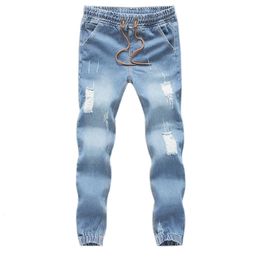 Men Fashion Jeans Drawstring Slim Fit Denim Ankle Length Casual Pants Ripped Skinny Jeans Denim Trouser Pencil Pants 240403