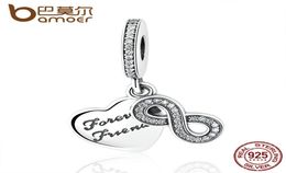 P Style 925 Sterling Silver Forever Friends Clear CZ Heart & Bow Knot Pendant Fit Charm Bracelets Women Fashion Jewellery PAS3756037568