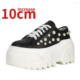 Casual Shoes Genuine Leather Increase 10cm Pearl Rivet Fashionable Design For Women Height Increasing College Shoe