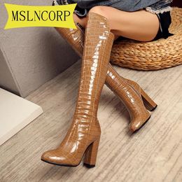 Boots Big Size 34-43 Patent Leather Women Knee High Pointed Toe Long Chunky Block Heel Black Yellow Brown