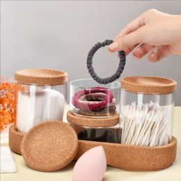 Jars Cotton Container Cork Cover Cotton Pad Dispenser with Base Holder for Bathroom Cotton Buds Storage Cork Wood Makeup Organiser