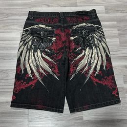 Gothic hip-hop wings oversized pattern printed baggy denim shorts for men 2000s summer fashion high street y2k pants 240402