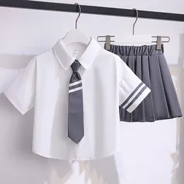 Clothing Sets Summer Children Girls Clothes Set JK Student School Lapel Tshirts And Plaid Pleated Skirts Suit Kid Top Bottom Outfits With