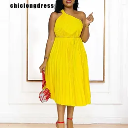 Casual Dresses Women's Slant Neck Sleeveless Pleated Dress Elegant Solid Chiffon Lace Up Summer Fashion 2024