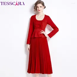 Casual Dresses TESSCARA Women Spring Elegant Pleated Dress High Quality Office Cocktail Party Robe Vintage Designer Formal Occasion Vestidos