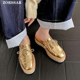 Sandals Summer Sandal Genuine Leather Pumps Fashion Platform Wedge Gold Silver Slippers Women Slip On Casual Females Mules Shoes