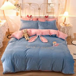 Bedding Sets Ear Blue Pink White Gray Fleece Fabric Winter Girl Set Soft Velvet Double Duvet Cover Bed Sheet Pillowcases