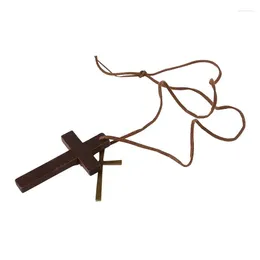 Storage Bags Alloy Leather Wood Pendant Necklace Gold Brown Cross Ring Vintage Retro Adjustable Men Chain