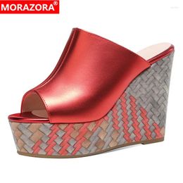 Slippers MORAZORA Genuine Leather Shoes Women Platform Wedges Summer Peep Toe Grey Red Ladies Casual Dress