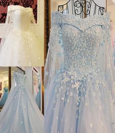 2022 Blue Off The Shoulder Wedding Dresses with Detachable Cape Beaded Pearls Applique Elegant Laceup Back Bridal Wedding Gowns R8713449