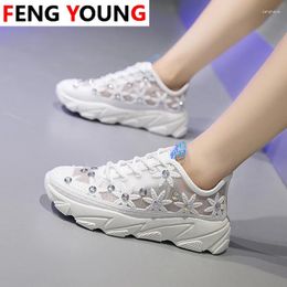 Fitness Shoes Breathable Ladies Platform Women Sneakers Zapatillas Fashion Rhinestone White Flower Casual Summer