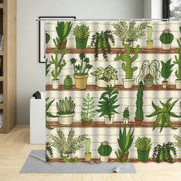 Shower Curtains Cartoons Cactus Waterproof Bathroom Decor Screen Succulents Green Plant Curtain Polyester Fabric With 12 Hooks