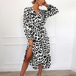 Casual Dresses Women Leopard Print Dress Elegant V Neck Midi With Lace-up Detail Figure-flattering Waist For Spring