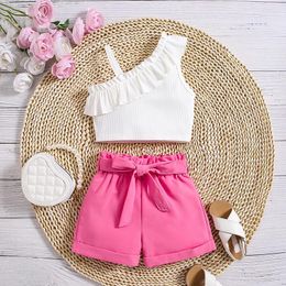 Clothing Sets Children Baby Girls Summer Outfit Solid Color Ruffles Tank Tops And Elastic Shorts With Belt Set Fashion Kid Clothes